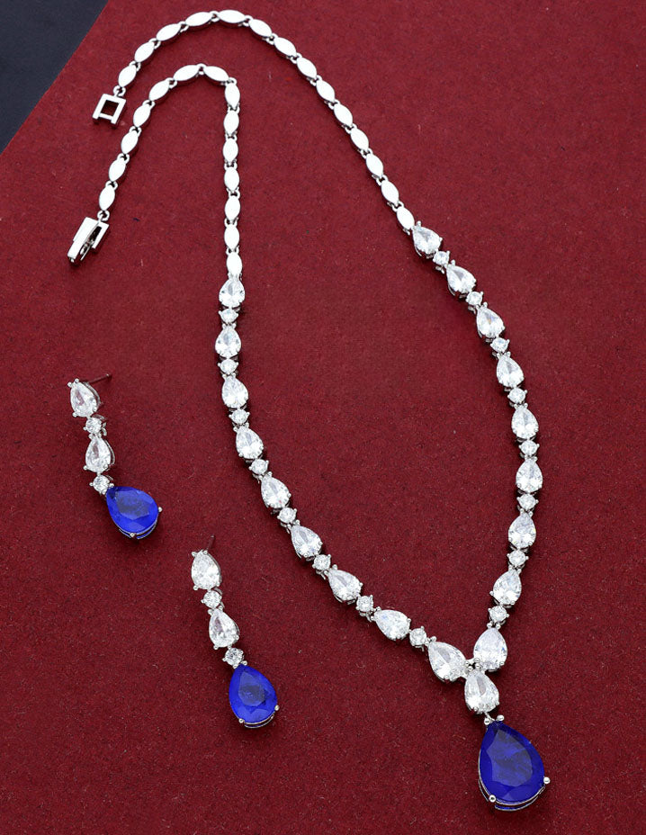 Rhodium Polish Blue Stone Necklace Set
