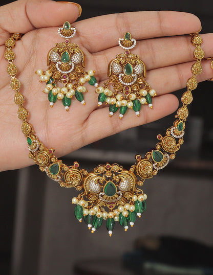 Designer Floral Emerald Matt Kempu Necklace Set