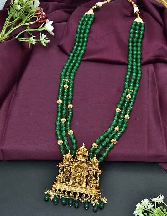 Venkateshwara Swamy Pendant with 3 Layered Green Beads Long Haaram