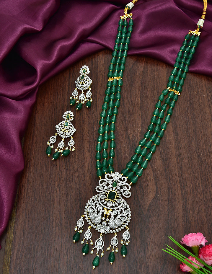 Designer GJ Polish 3 Layered Green Beads Long Haaram