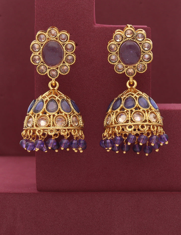 Designer Gold Polish Purple Color Fancy Jhumka Earrings