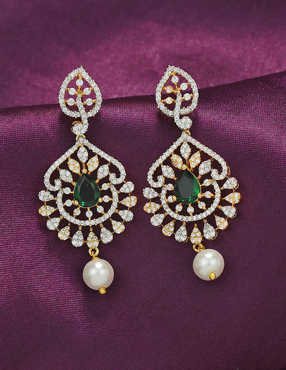 Designer Zirconia Emerald Grace Pearl Drop Earrings