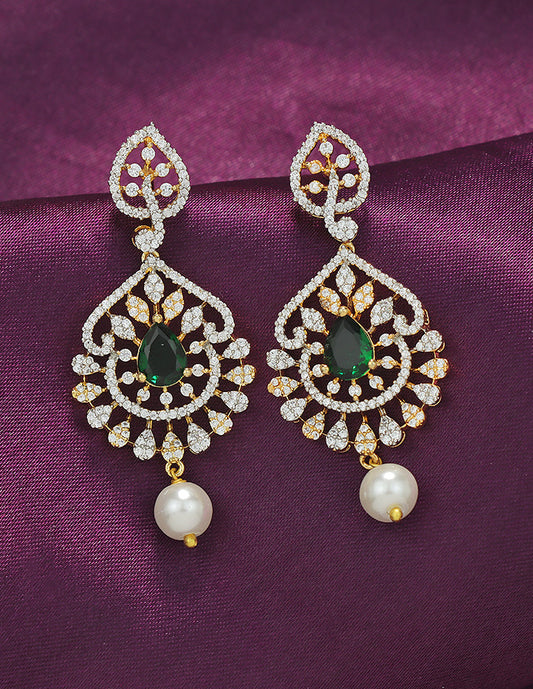 Designer Zirconia Emerald Grace Pearl Drop Earrings