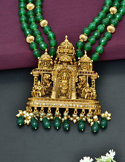 Venkateshwara Swamy Pendant with 3 Layered Green Beads Long Haaram