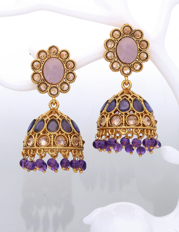 Designer Gold Polish Purple Color Fancy Jhumka Earrings