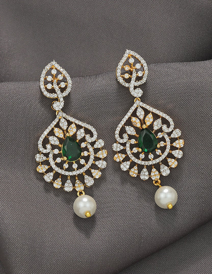 Designer Zirconia Emerald Grace Pearl Drop Earrings