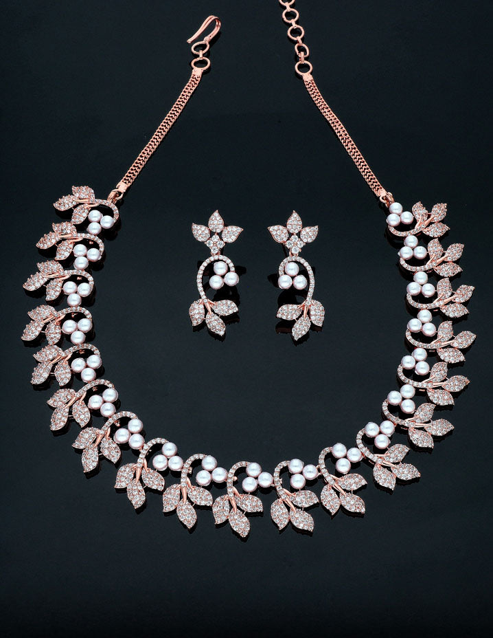 Rose Gold Polish Pearls Zirconia Necklace Set