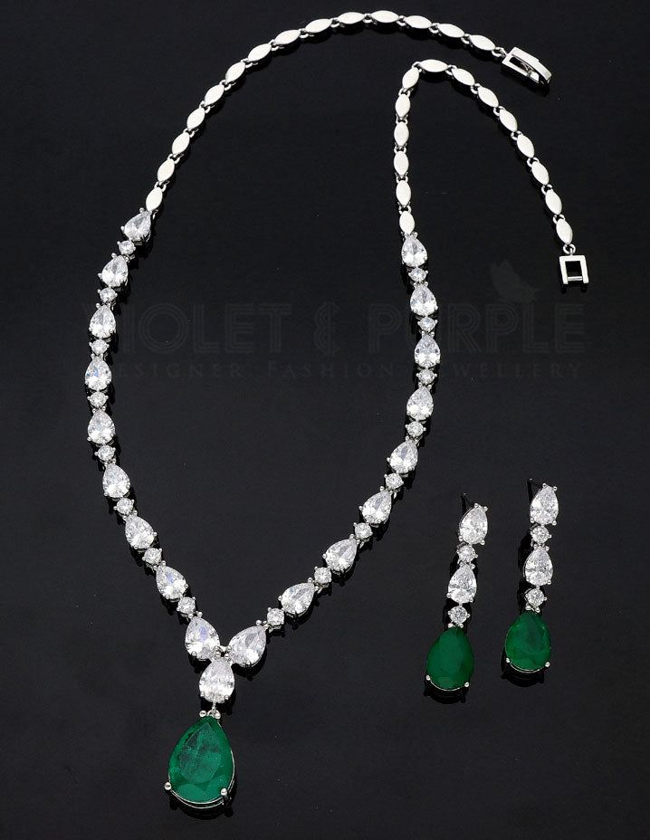 Rhodium Polish Emerald Stone Necklace Set