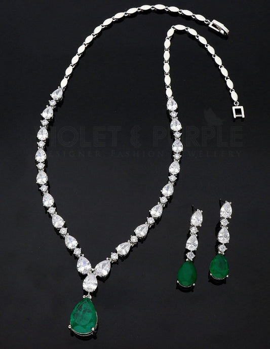Rhodium Polish Emerald Stone Necklace Set