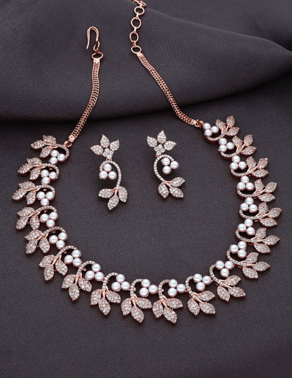 Rose Gold Polish Pearls Zirconia Necklace Set