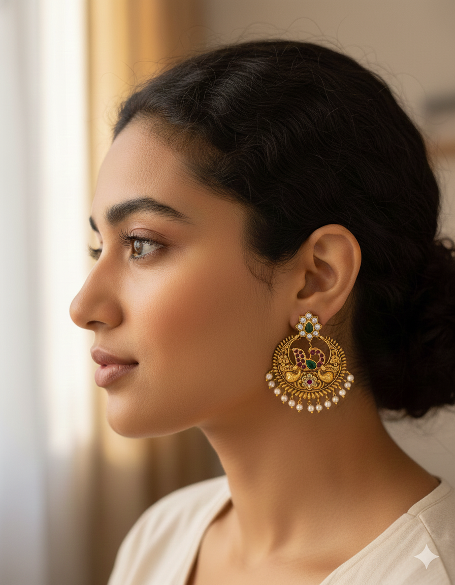 Designer Peacock Kempu Chandbali Earrings