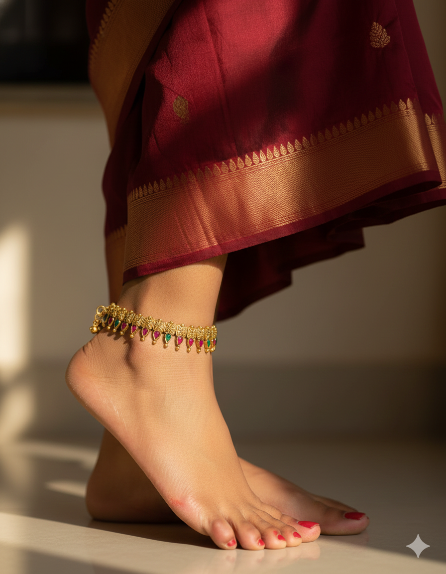 Designer Temple Bud Motif Antique Anklets