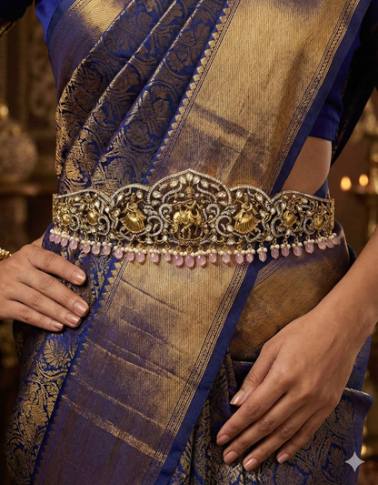 Zirconia Victorian RadhaKrishna Belt Vaddanam With Baby Pink Beads