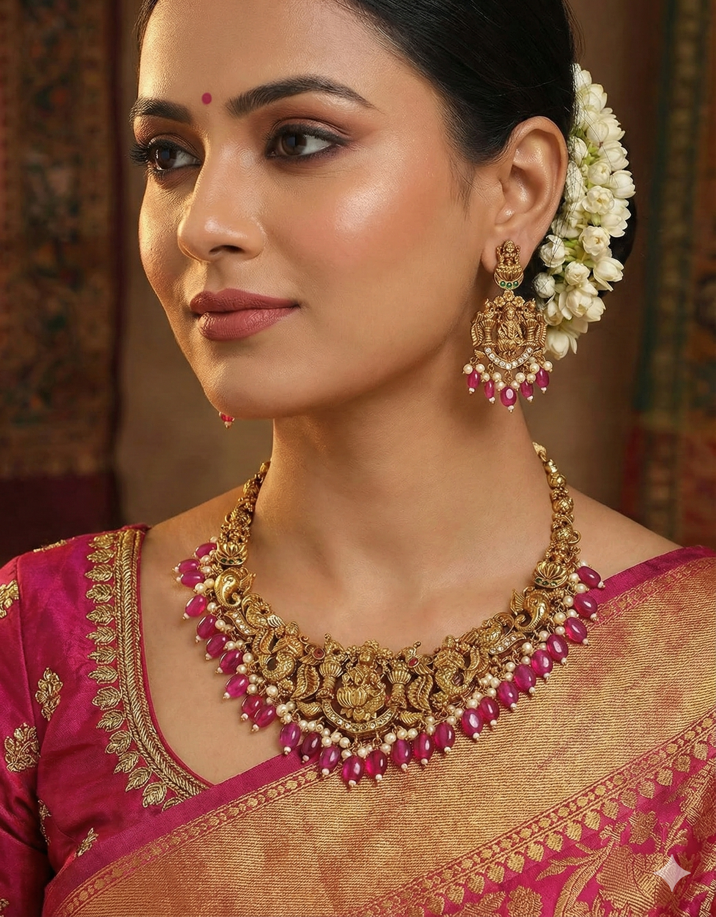 Designer Zirconia Royal Ruby Beads Kempu Necklace Set