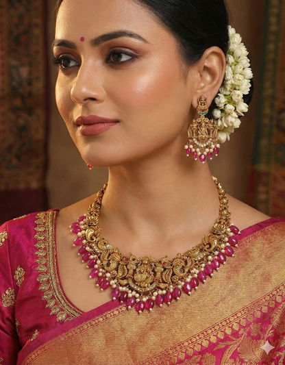 Designer Zirconia Royal Ruby Beads Kempu Necklace Set