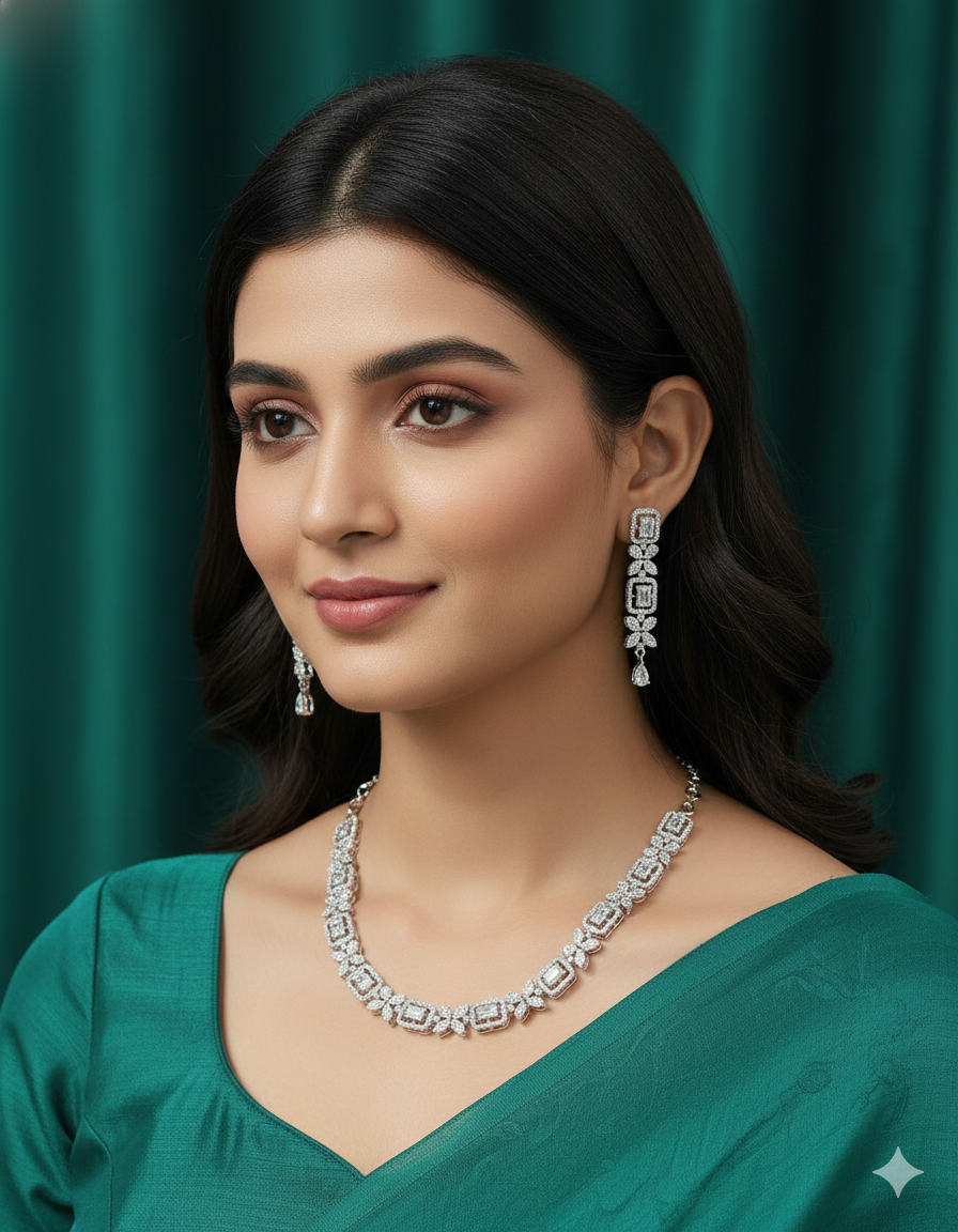 Designer Zirconia Crystal Gardenia Elegance Necklace Set