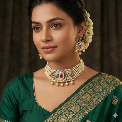 Designer Pearl Zirconia Gold Choker Set