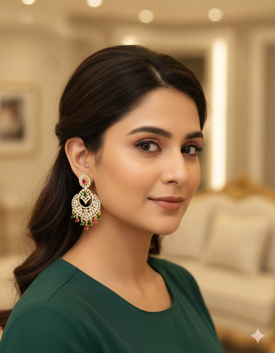 Designer Zirconia Halo Chandbali Earrings