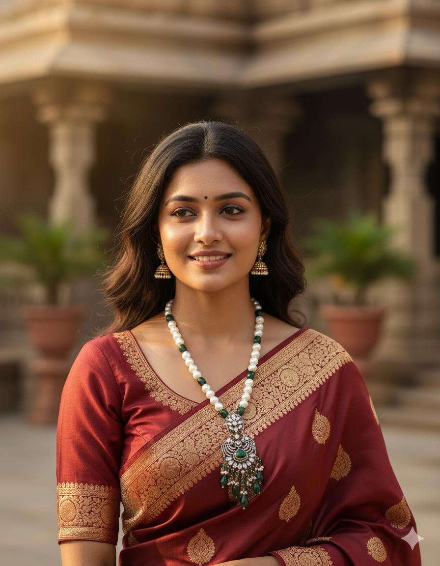 Designer Monalisa Emerald Beads Mala with Victorian Pendant