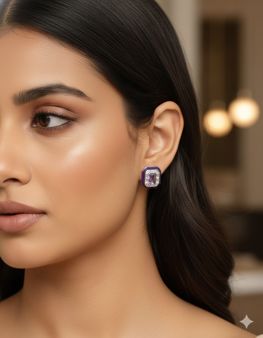 Designer Black Frame Amethyst Crystal Stud Earrings