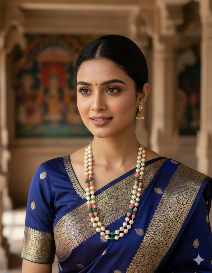 Designer 2-Lines Pearls and Tulip Beads Mala