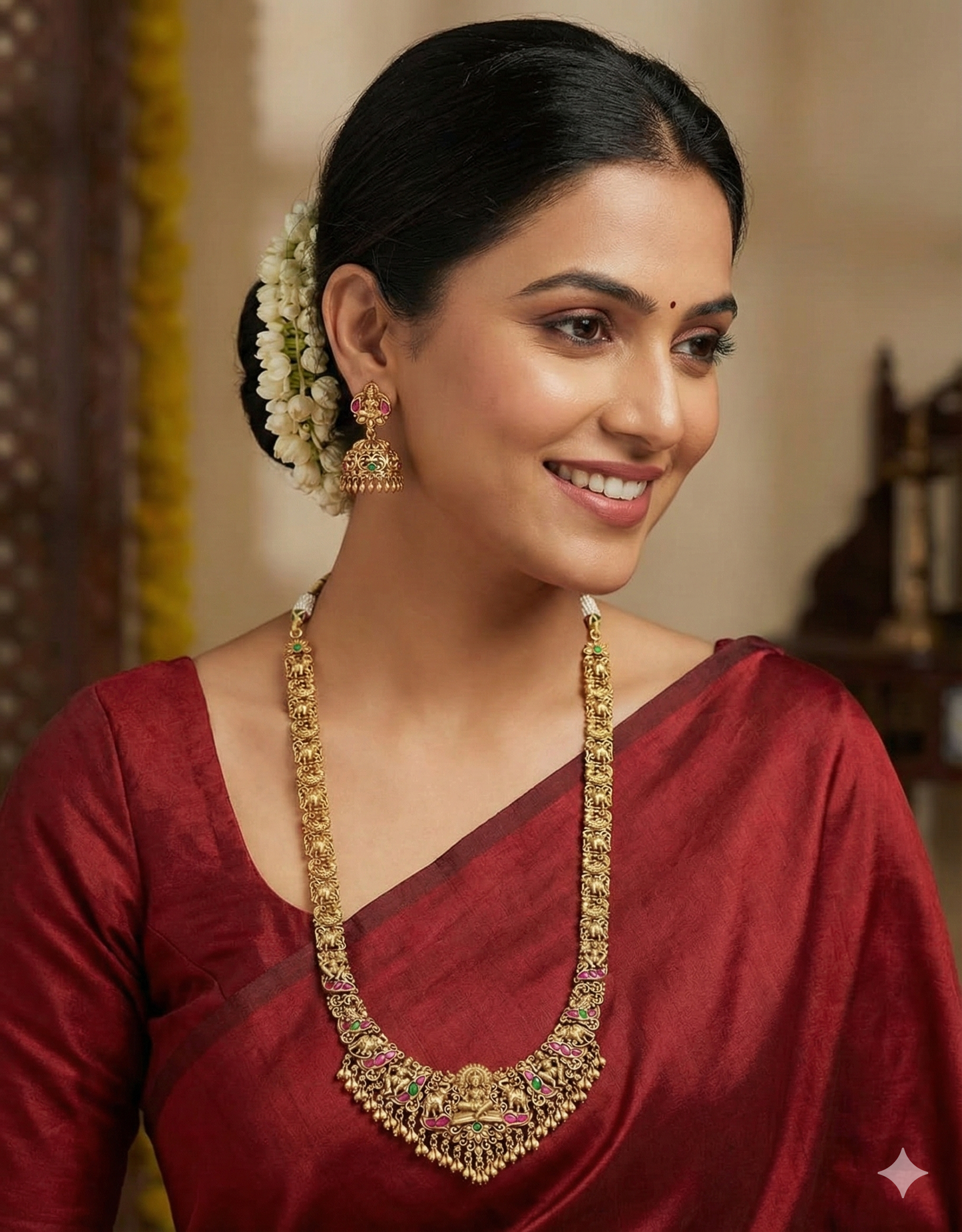 Designer Matt Rani Pink & Emerald Lakshmi Devi Long Haaram Set