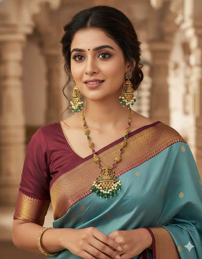 Designer Zirconia Royal Devi Temple Kempu Necklace Set