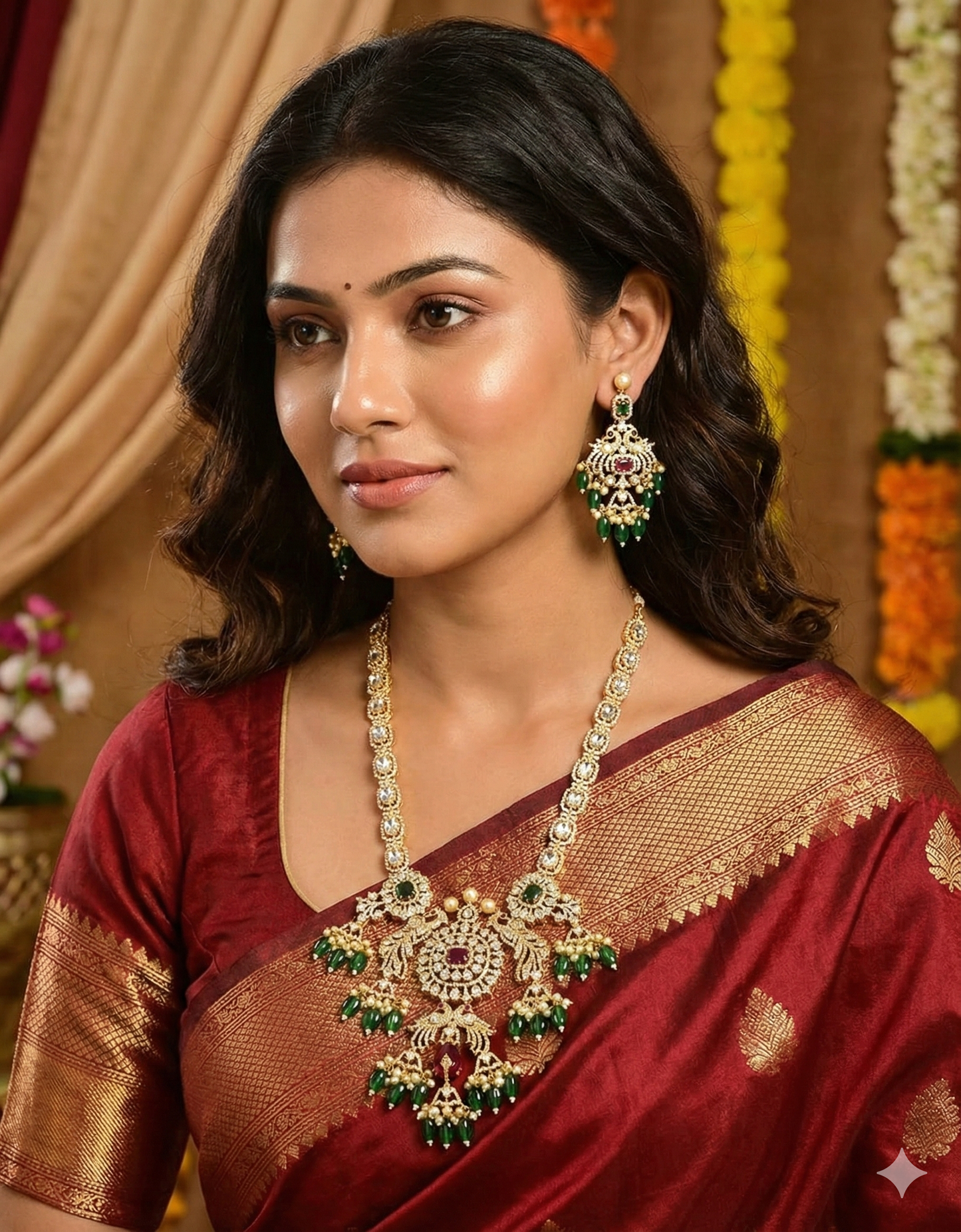 Zirconia Necklace Set With Green Beads