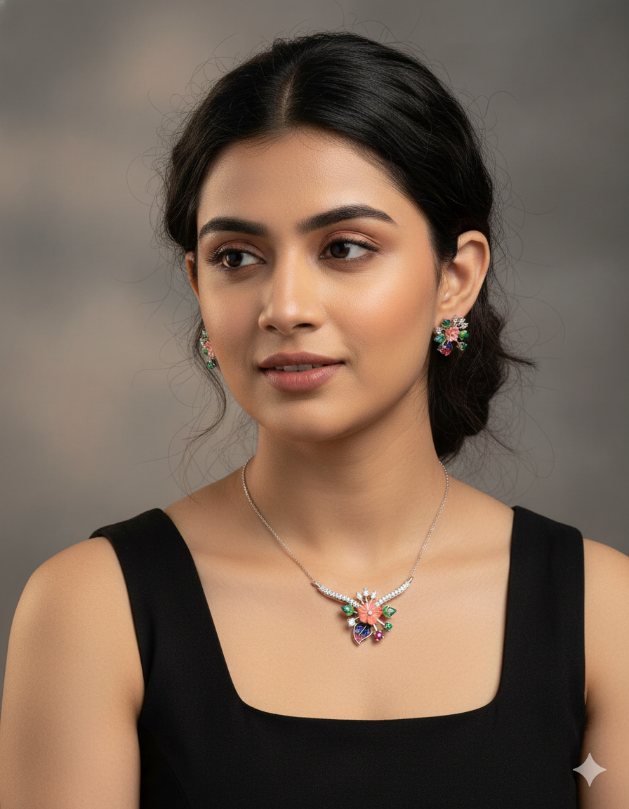 Designer Zirconia Rhodium Enchanted Blossom Pendant Set