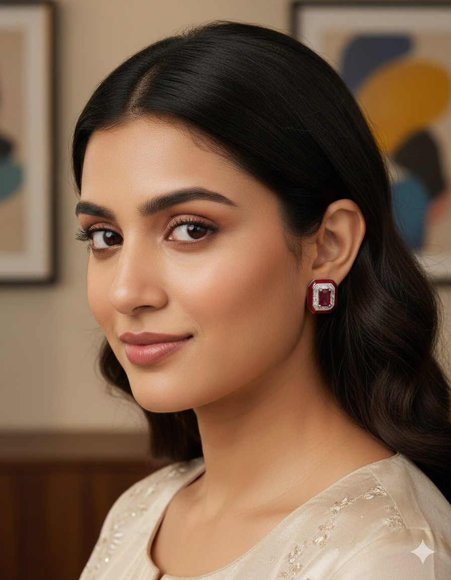 Designer Pink Frame Ruby Crystal Stud Earrings