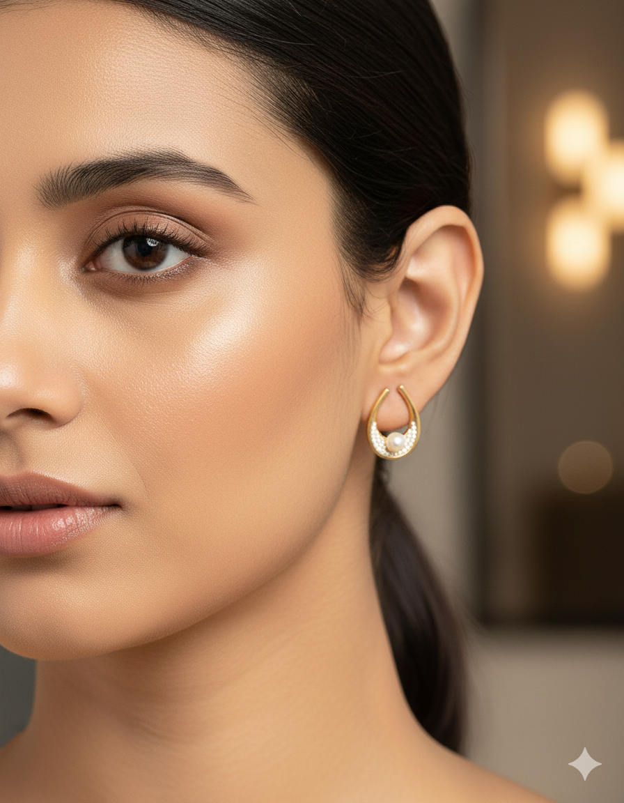 Designer Crescent Pearl Sparkle Stud Earrings