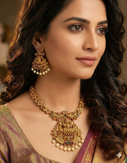 Designer Antique Lakshmi Devi Kempu Necklace Set