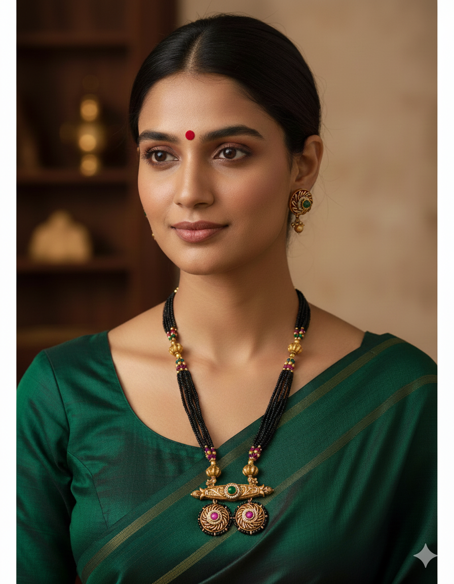 Designer Kempu Black Bead Mangalsutra Set