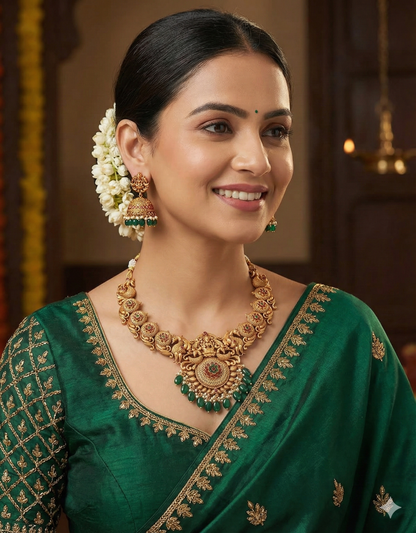 Designer Matt Lakshmi Devi Ruby Emerald Necklace Set With Monalisa Beads