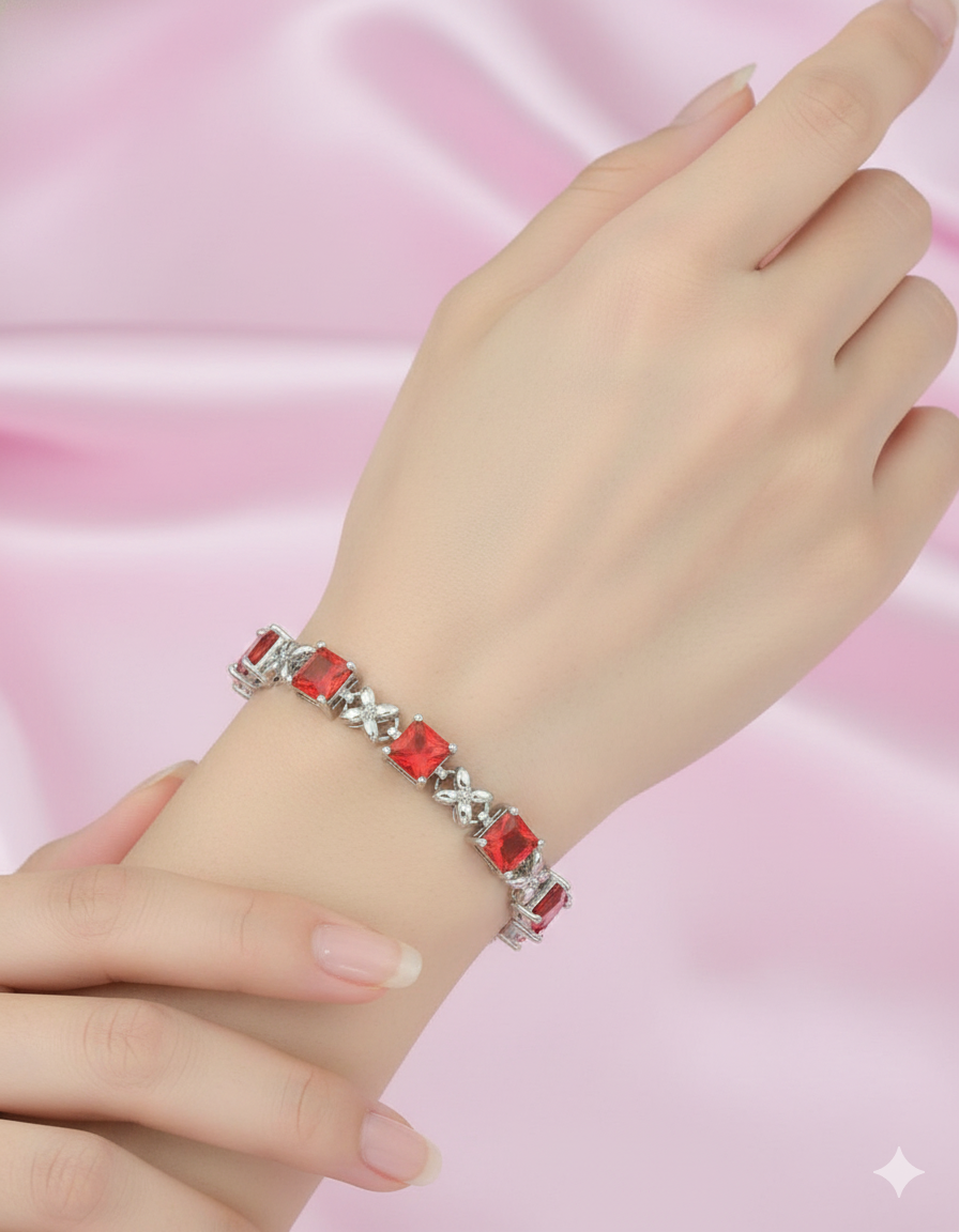 Designer Rhodium Chain Ruby Bracelet