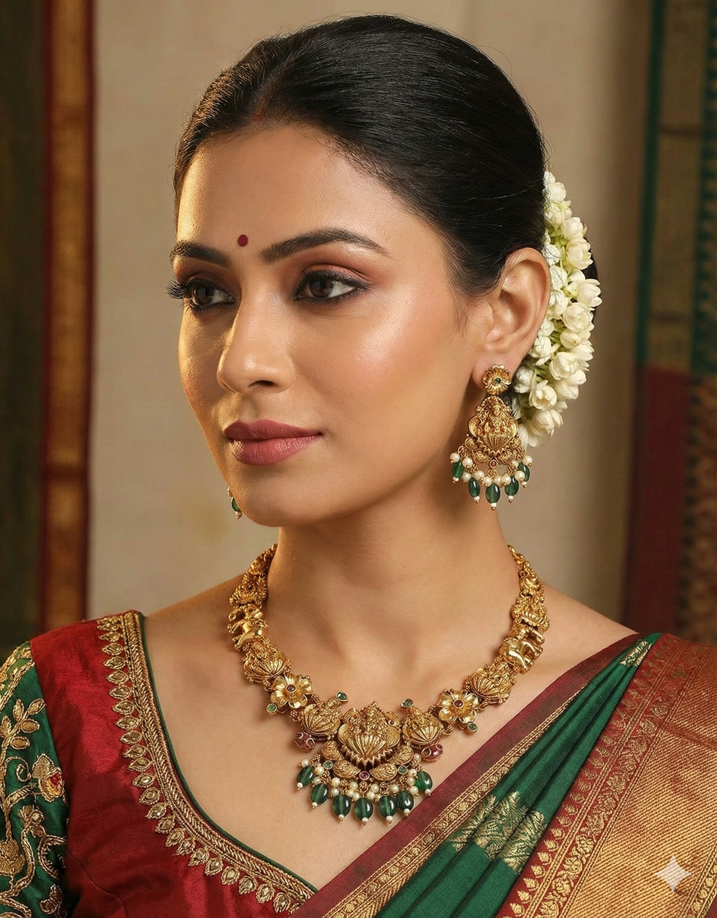 Designer Lakshmi Devi Emerald Matt Kempu Necklace Set
