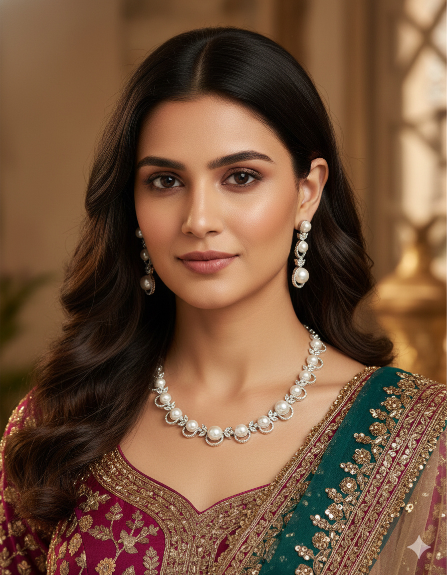 Designer Zirconia Pearl Necklace Set