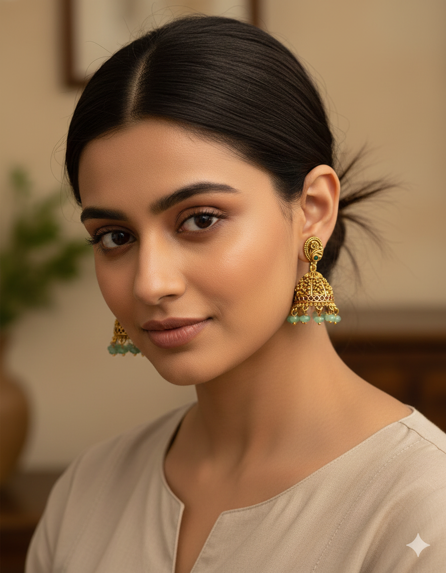 Designer Kempu Ruby and Emerald Jhumka Earrings