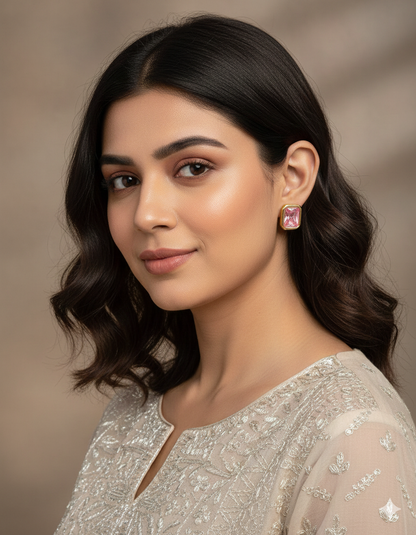 Designer Radiant Gold-Cushion Stud Earrings