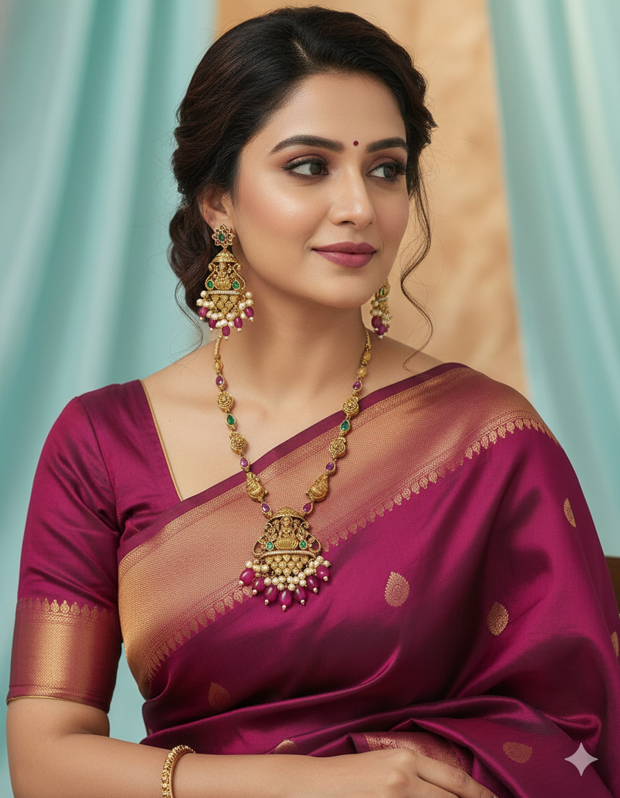 Designer Zirconia Royal Devi Temple Kempu Necklace Set