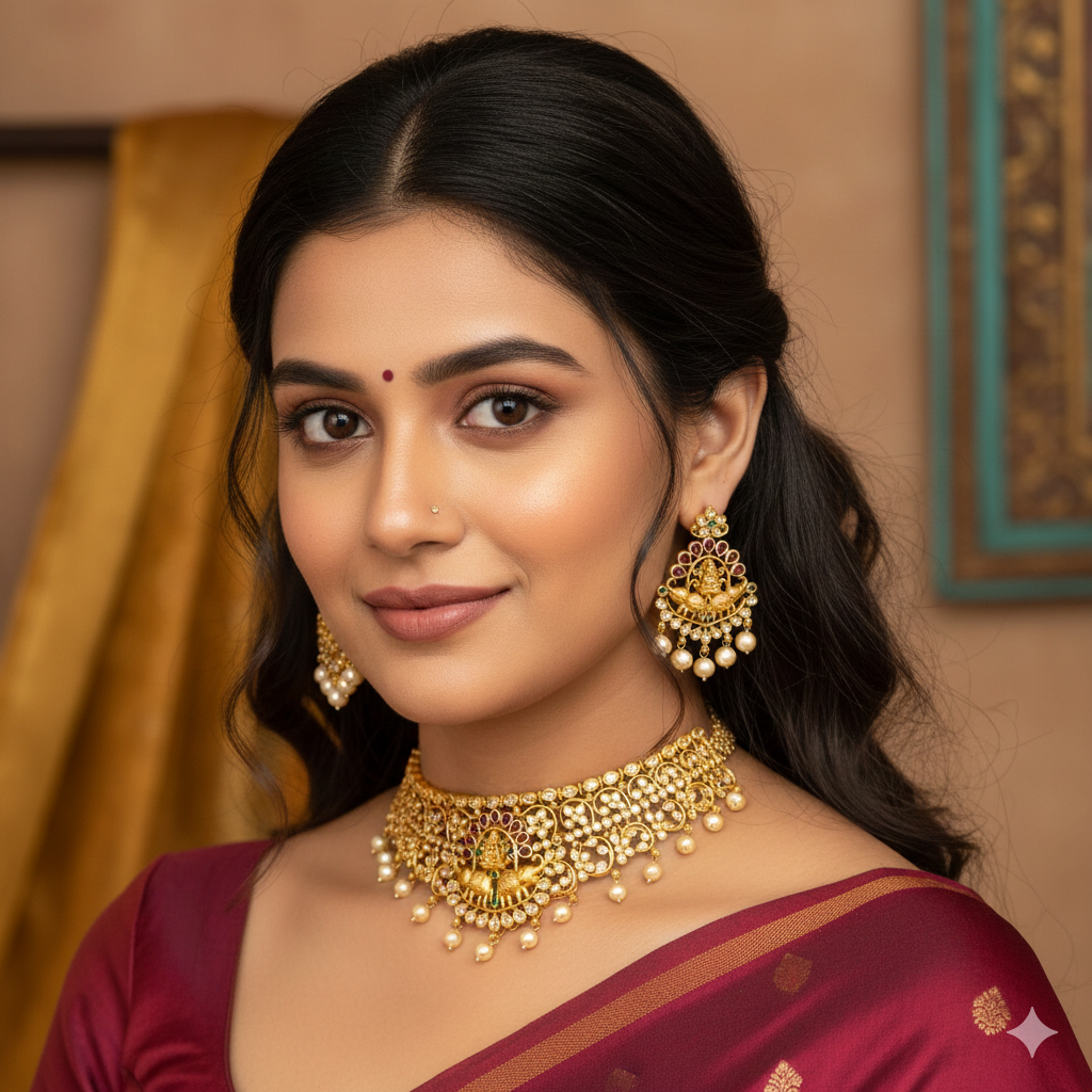 Zirconia Gold Lakshmi Devi Design Choker Set