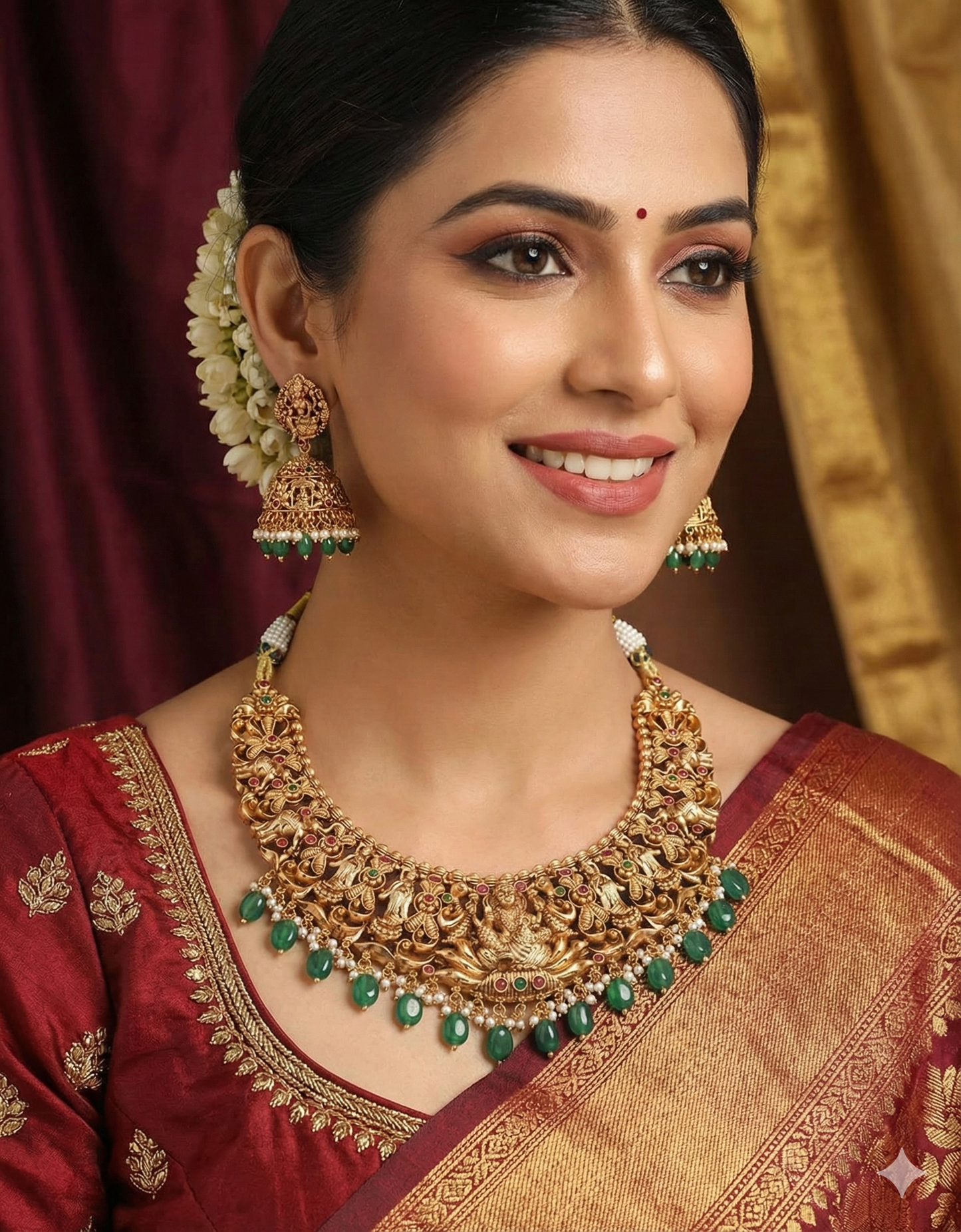 Designer Matt Lakshmi Devi Kempu Necklace Set With Green Beads