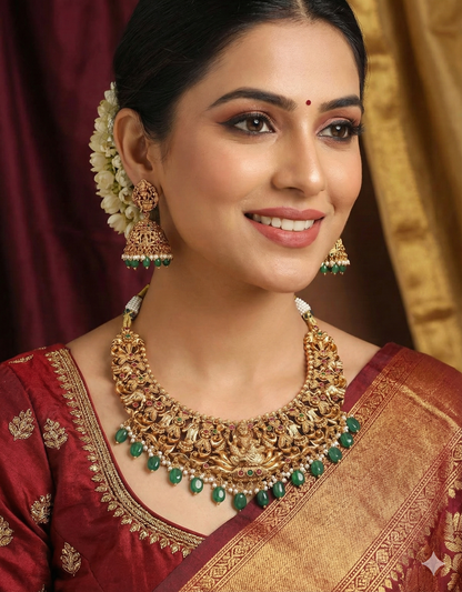 Designer Matt Lakshmi Devi Kempu Necklace Set With Green Beads