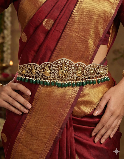 Zirconia Victorian RadhaKrishna Belt Vaddanam With Green Beads