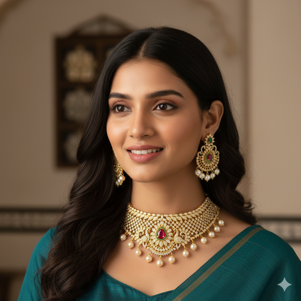 Zirconia Gold Peacock Design Choker Set