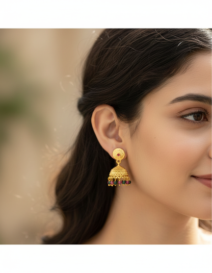 Designer Ruby and Emerald Jhumka Earrings