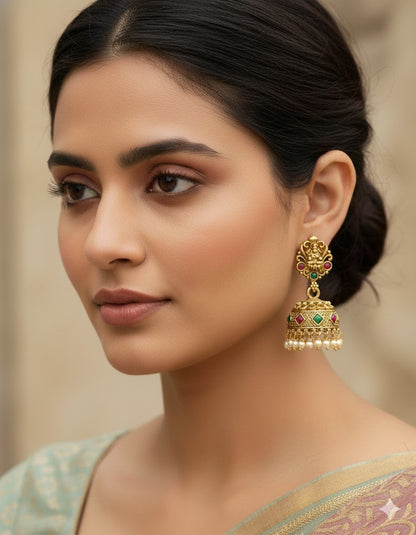 Designer Lakshmi Devi Ruby and Emerald Jhumka Earrings