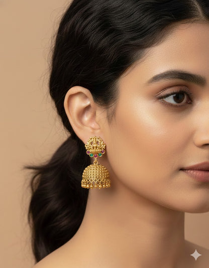 Designer Lakshmi Devi Ruby and Emerald Jhumka Earrings