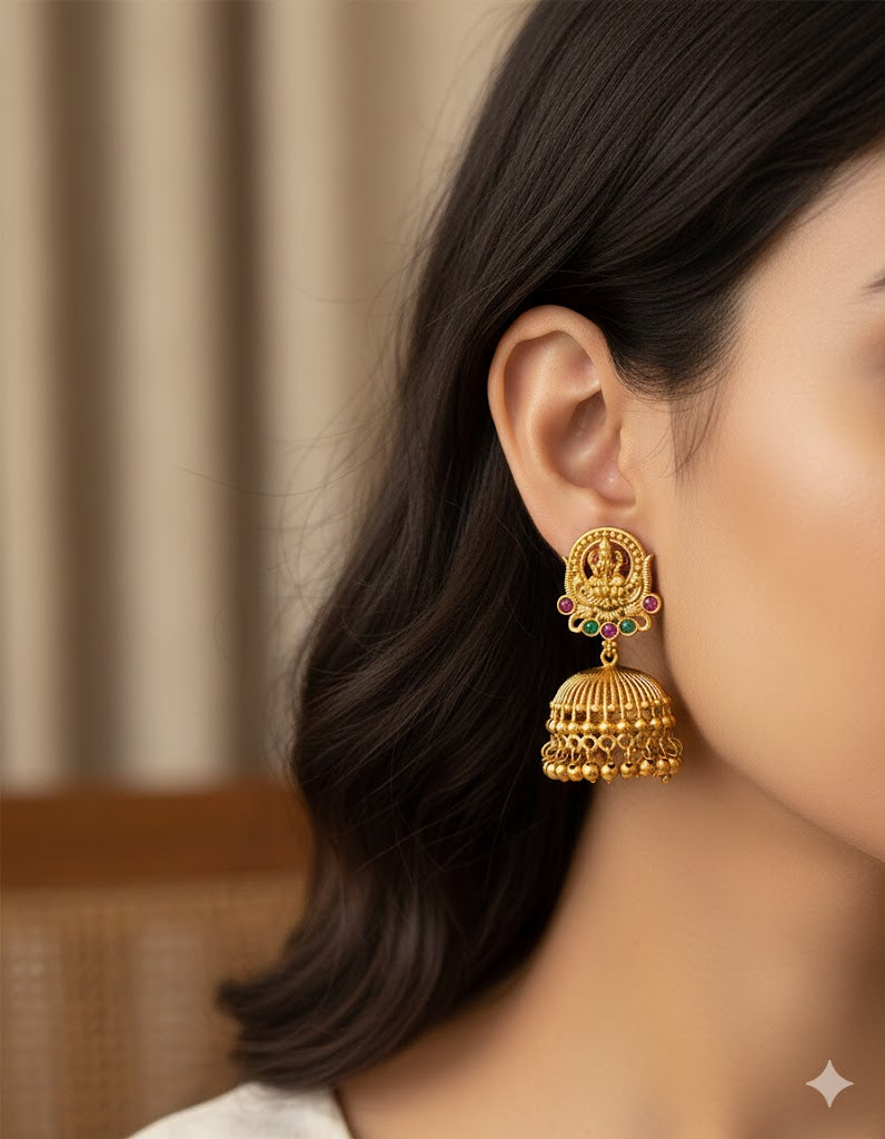 Designer Matt Kempu Temple Design Lakshmi Devi Jhumka Earrings
