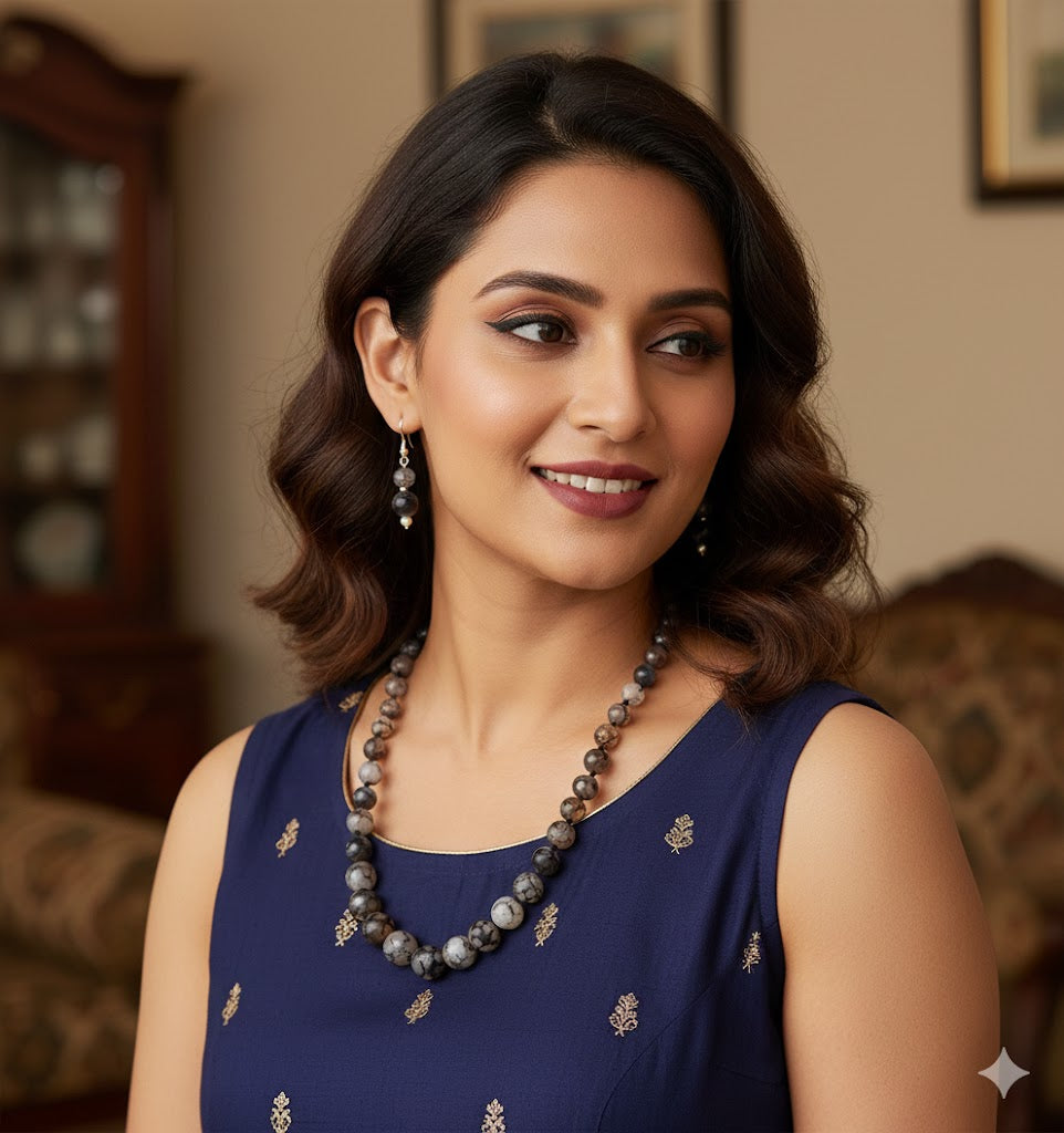 Designer Ash & White Color Cut Beads Mala Set